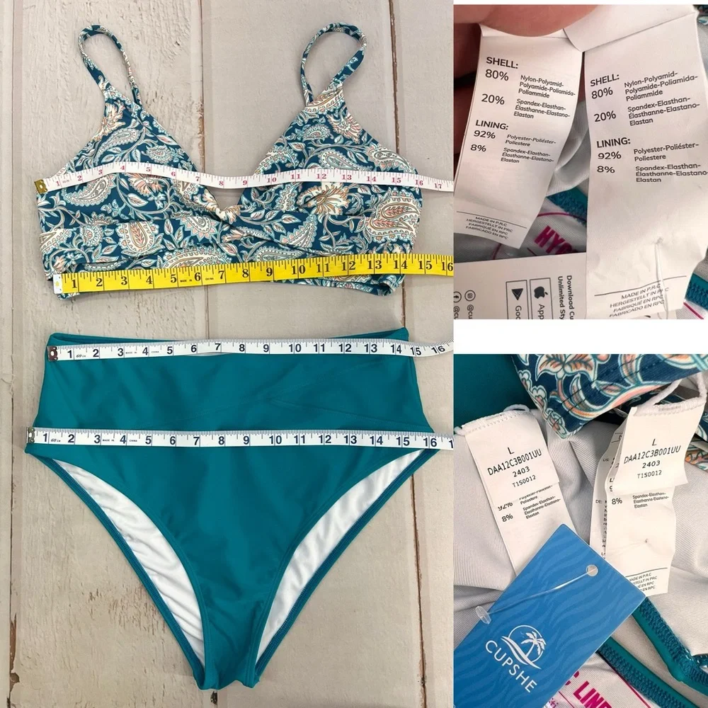 NWT High Waist Adjustable Strap Turquoise &‎ Orange Paisley Bikini SIZE LARGE